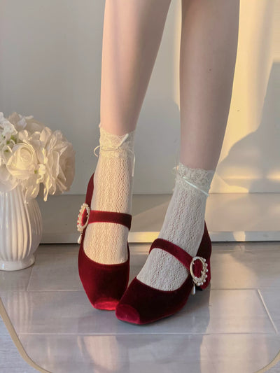 Pure tea for dream~Angel Velvet~Sweet Lolita Shoes Mid-heel Velvet Shoes 34 Wine Red 