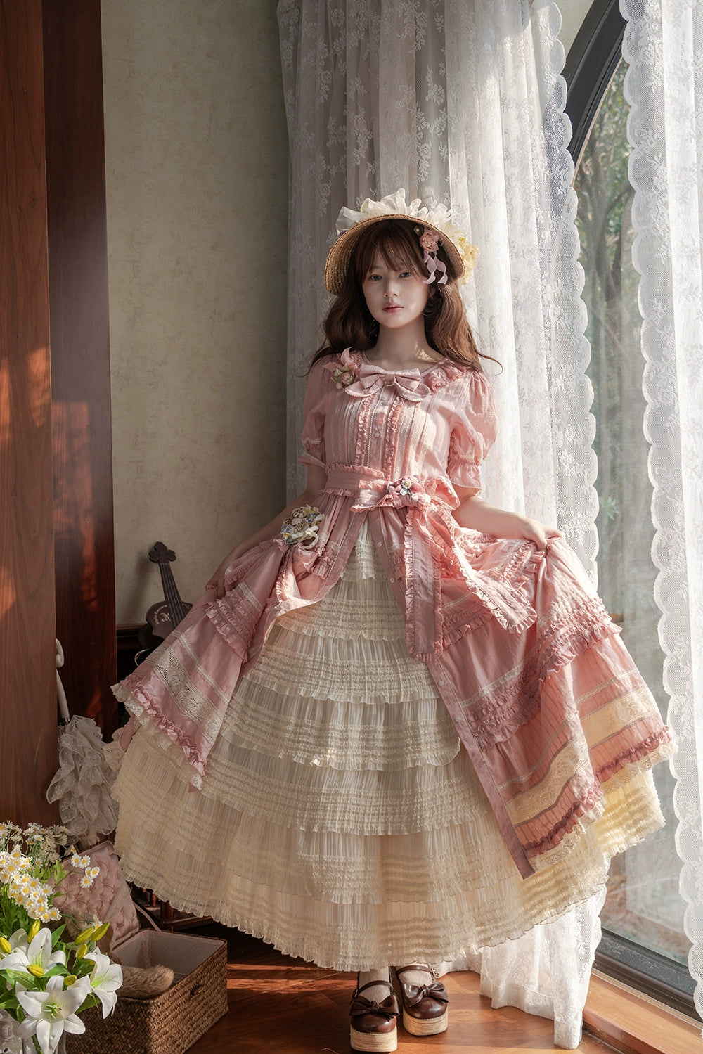 Miss Point~Cat Rose Tea~Elegant Lolita OP Open-front Short Sleeve Tiered Dress