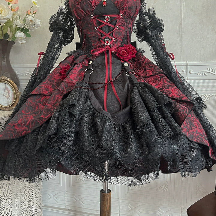 Cornfield Lolita~Rose Blood~Black Red Gothic Lolita JSK Jacquard Court Dress 40688:673012