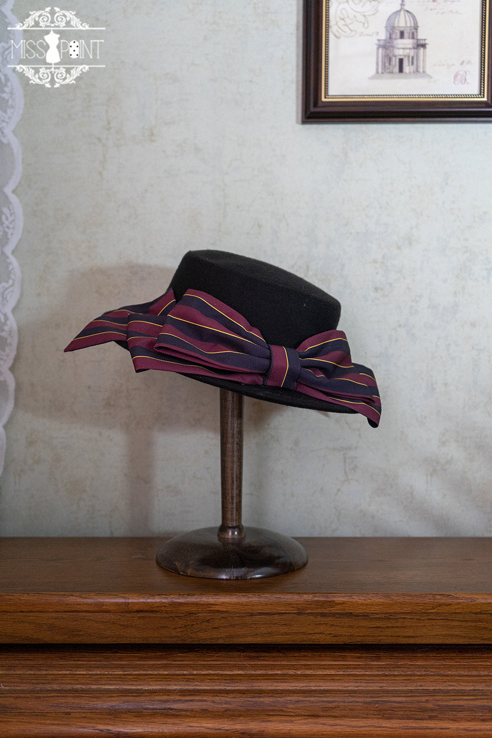 Miss Point - Stripped Lolita Headband Veil Hat Clip Necklace wine red stripped top hat