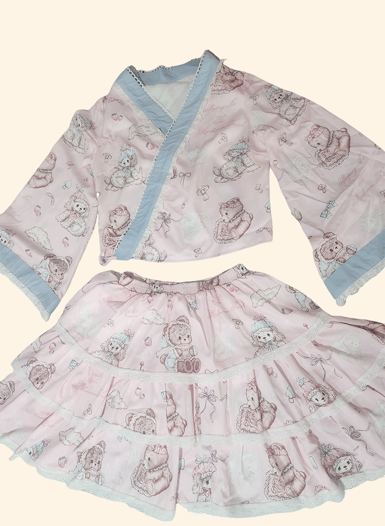 Niu Niu~Showa Moe Bear~Plus Size Wa Lolita Dress Set Kawaii Lolita SK Suit