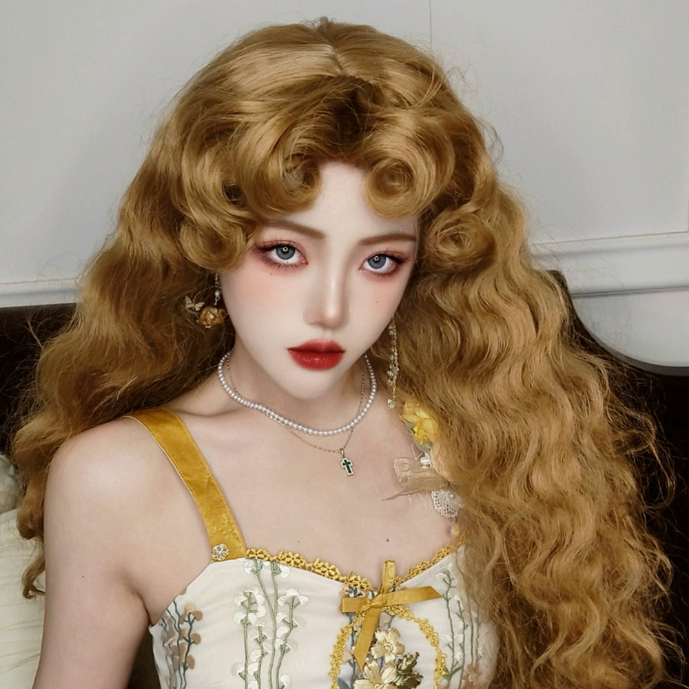 Mabuxi~Princess Diary~Golden Brown Lolita Wig Sheep Curls Long Romantic Wig 40476:670188