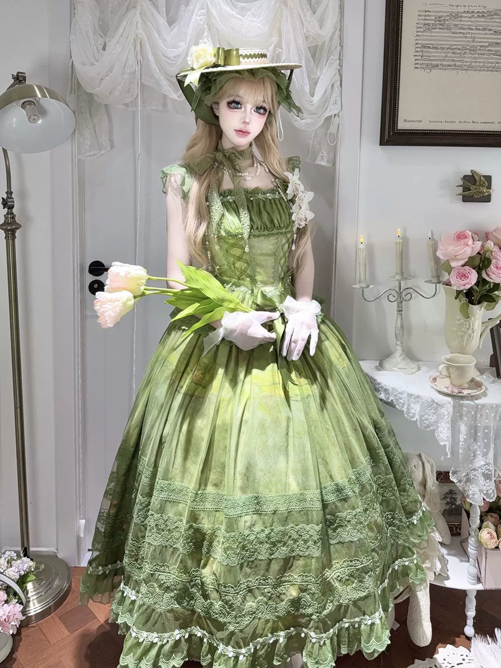 Hanguliang - Foggy Vineyard - Fishbone Classic Lolita Bodice, Maxi Skirt Green - Bodice+Skirt (without accessories) S