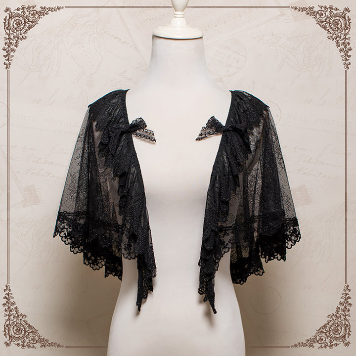 Avenue Denfer~Floral Veil~Elegant Lolita JSK Suit Floral Print Dress and Tulle Shawl Black shawl only - Free size