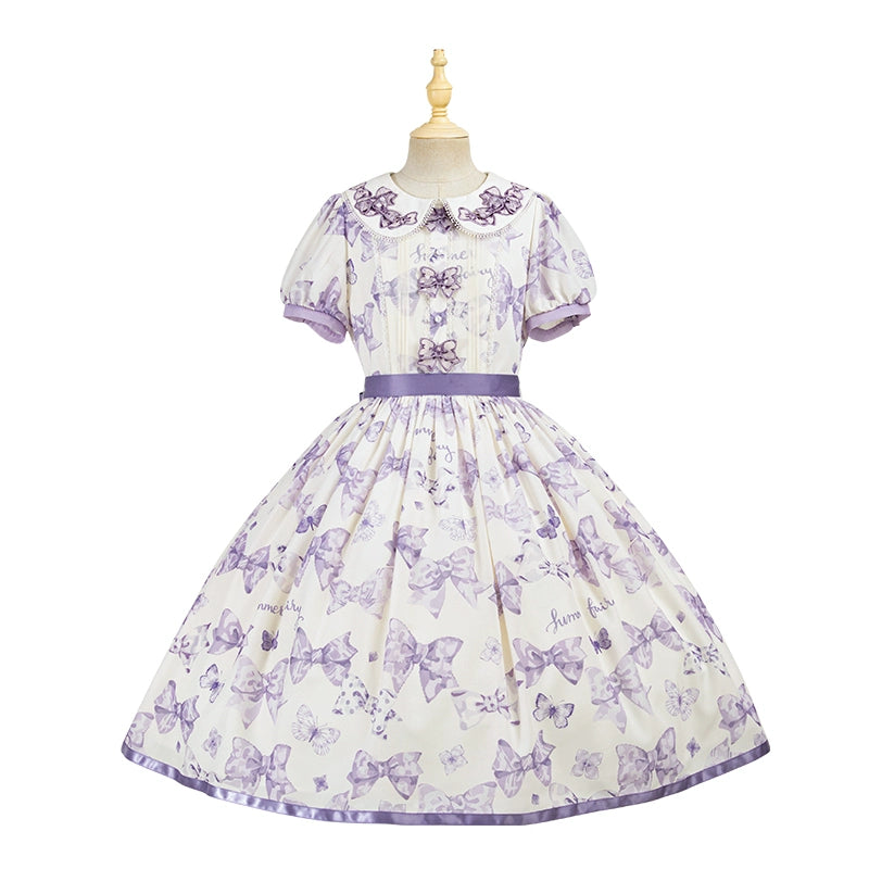 Summer Fairy~Eternal Garden~Sweet Lolita Dress Suit Elegant Open-Shoulder OP and JSK Purple bow collar short-sleeved OP XS