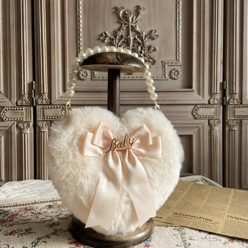 MAID~Kawaii Lolita Heart Bag Plush Pearl Chain Handbag 32554:388554