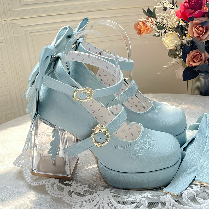 Dreamland - Floating Koi Land - Satin Classic Lolita Platform Shoes, Transparent Heel (34 35 36 37 38 39 40 41) 44317:804083