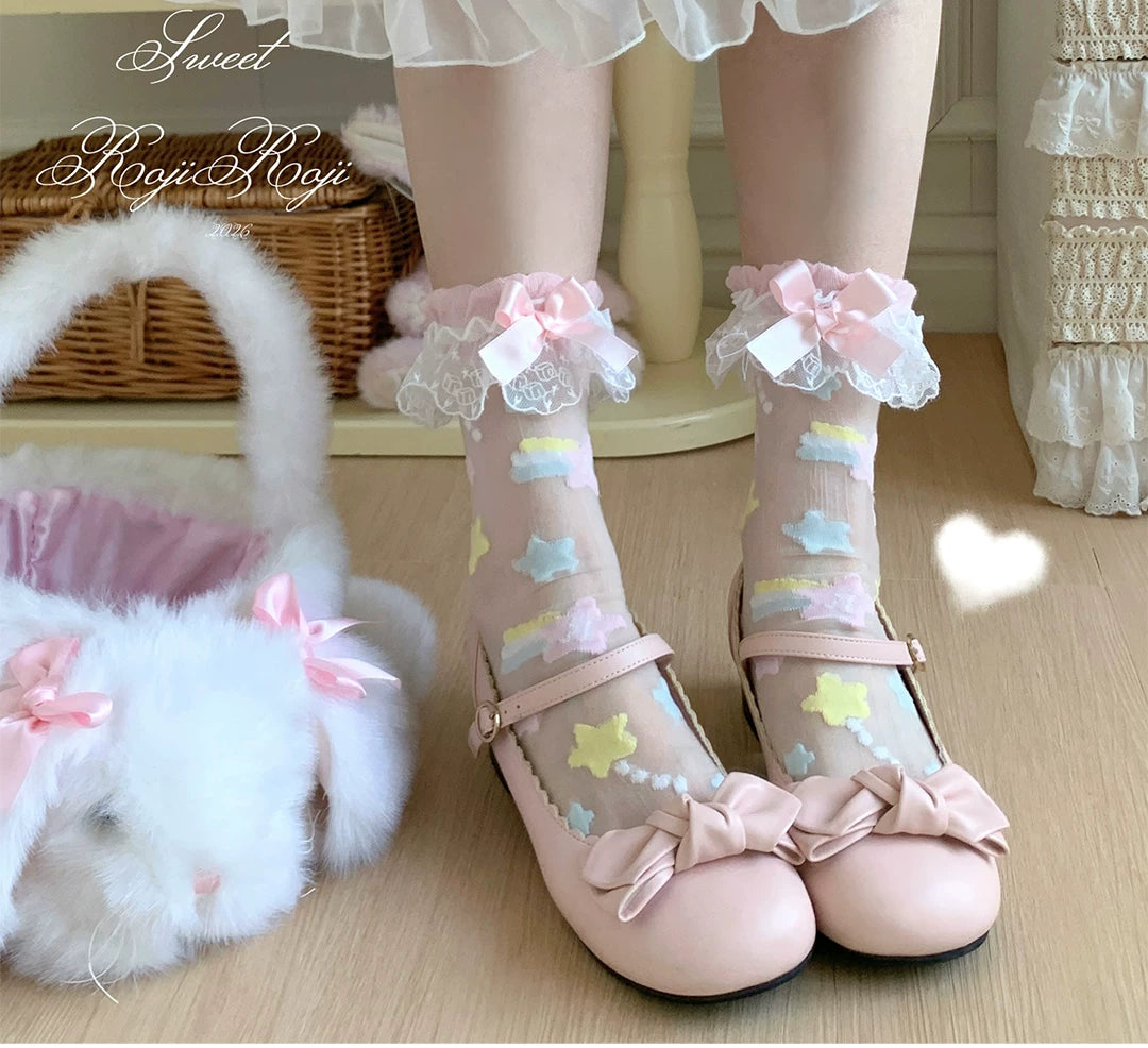 Sweet Lolita Star Embroidered Socks with Colorful Satin Bow 45610:855362