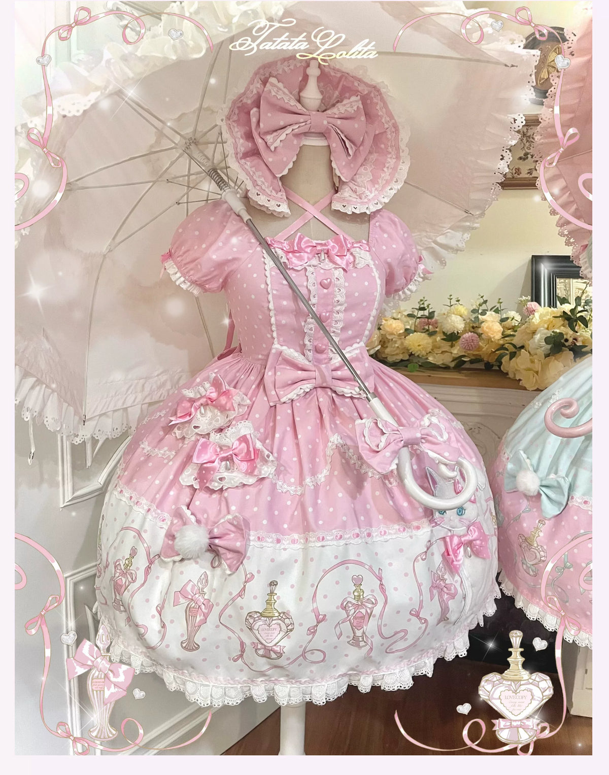Perfume Kitty - Cotton Old School Lolita OP Dress, Perfume Print & Cat Patch 46037:873485