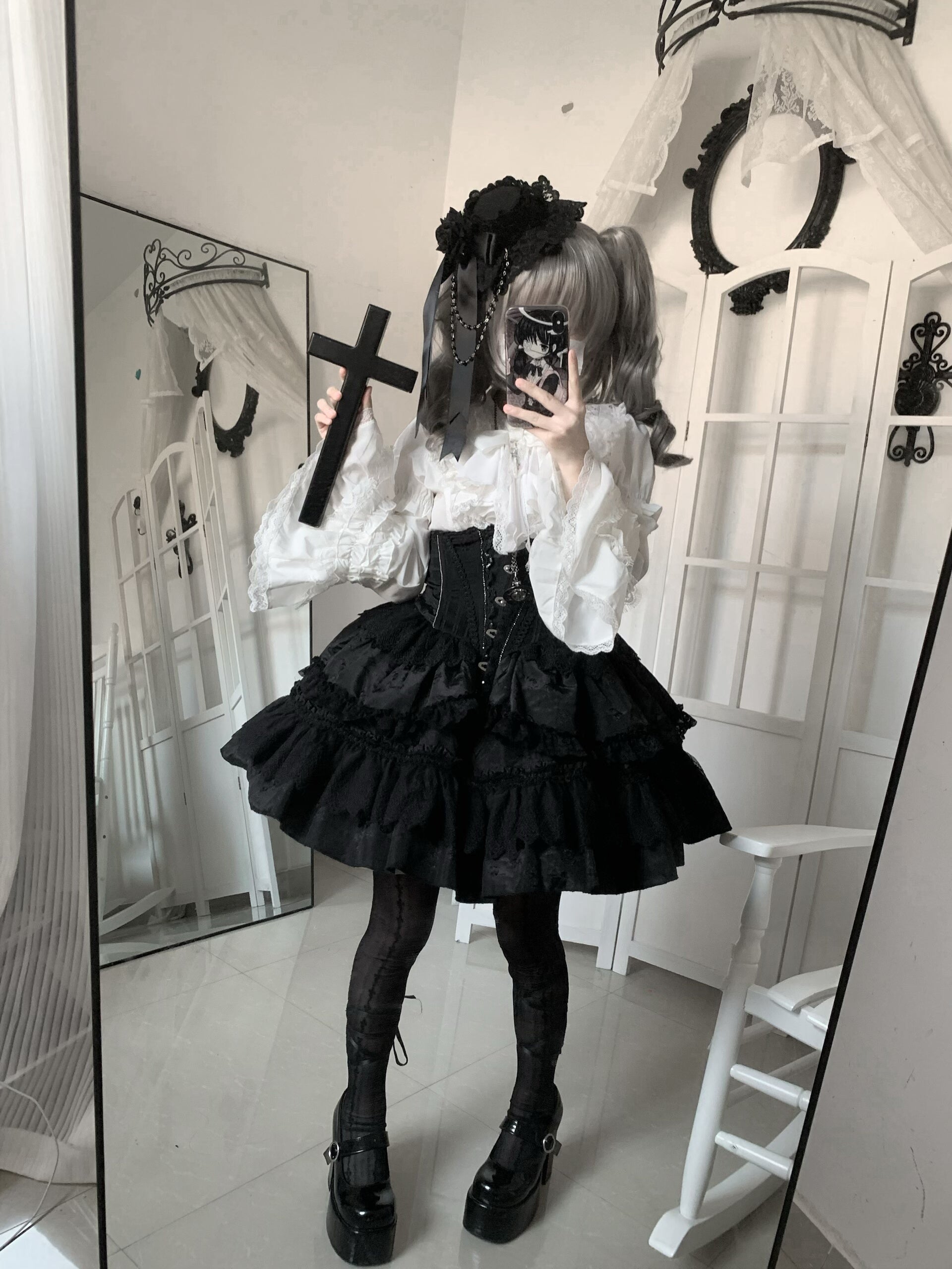 Eclipse Night - Gothic Lolita Shirt Set, Boning Corset Skirt 44391:807275