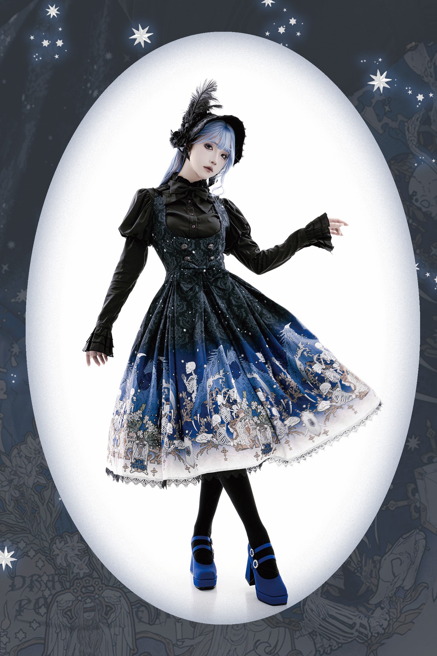 Nn Star - Dragonbone Lily - Dragon Skeleton Print Gothic Lolita Bust-supporting JSK and BNT 42664:748571