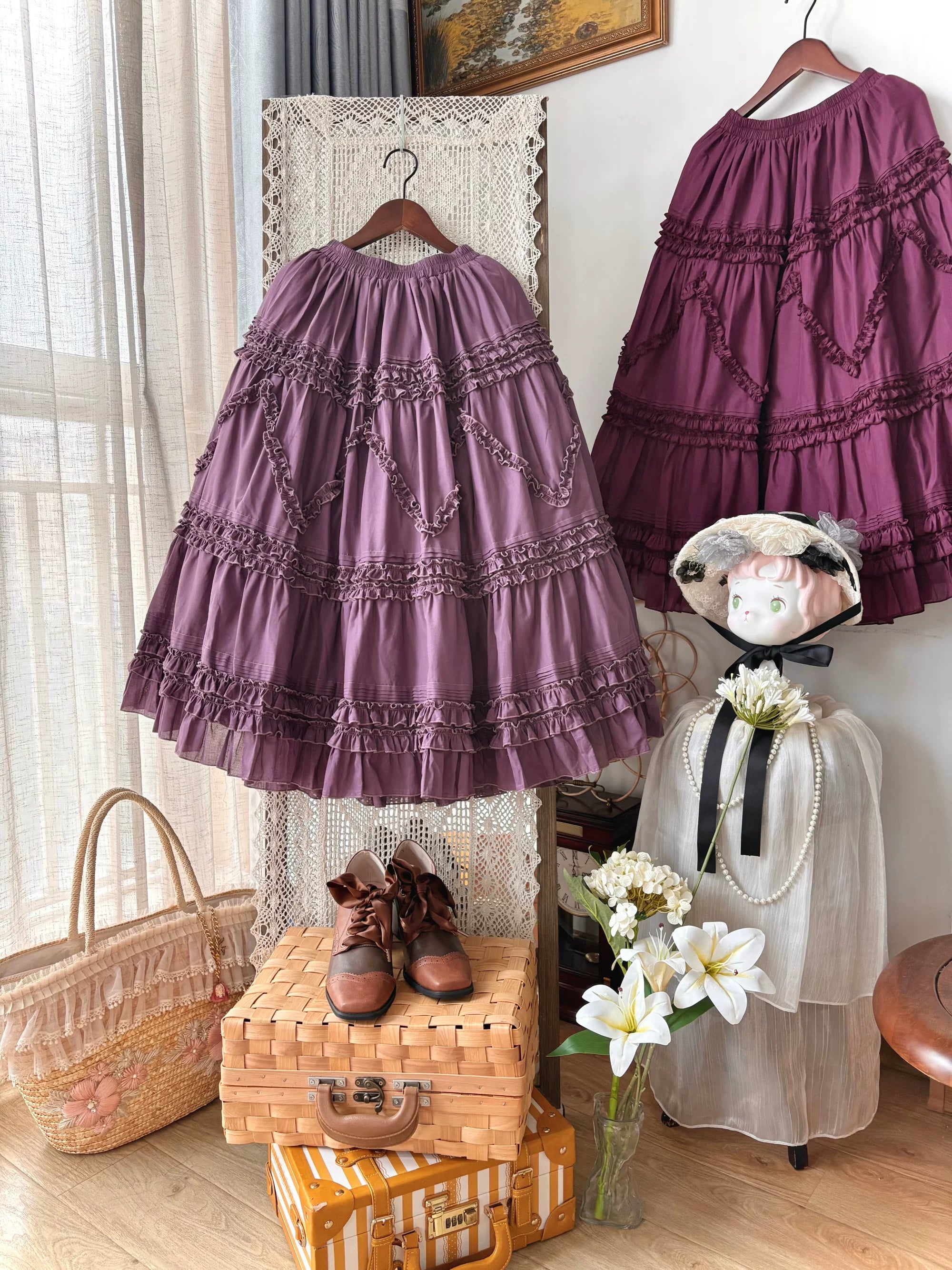 Country Lolita Underskirt, Cotton & Tiered Ruffles Light Purple S