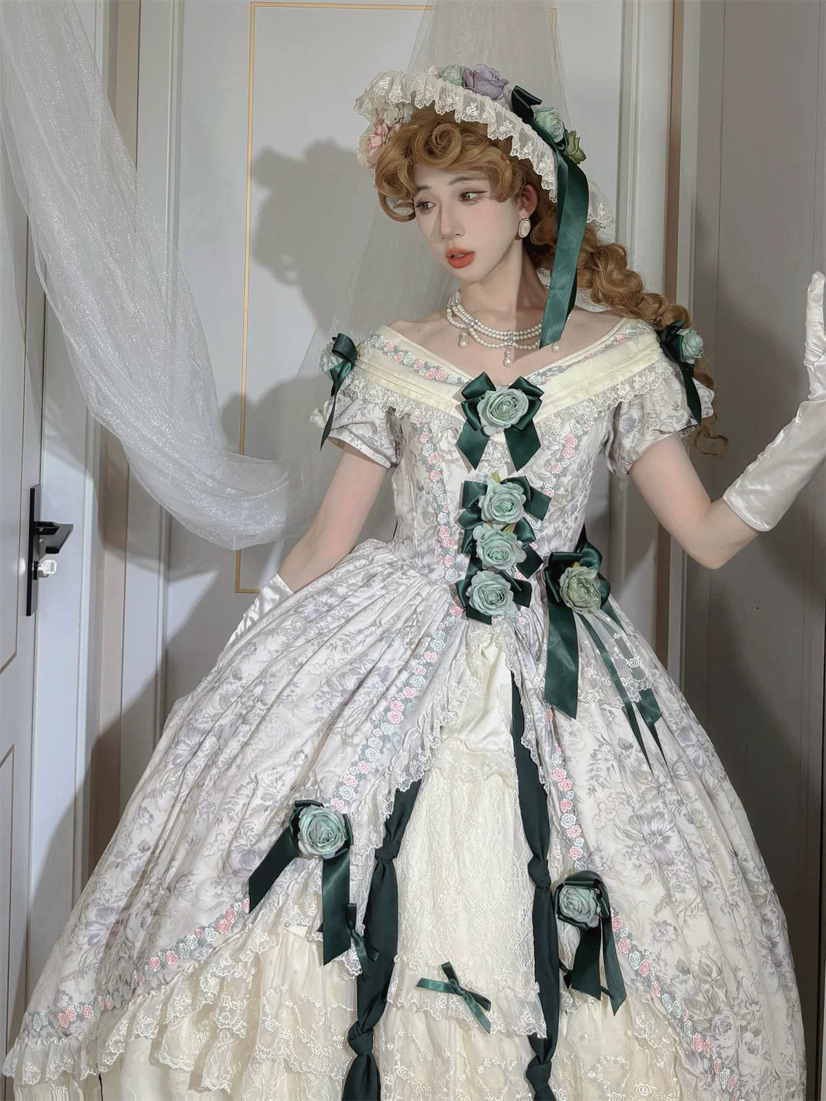 Dolota Flower Wall - Classic Lolita Floral OP Dress, Open Shoulder 44485:811146