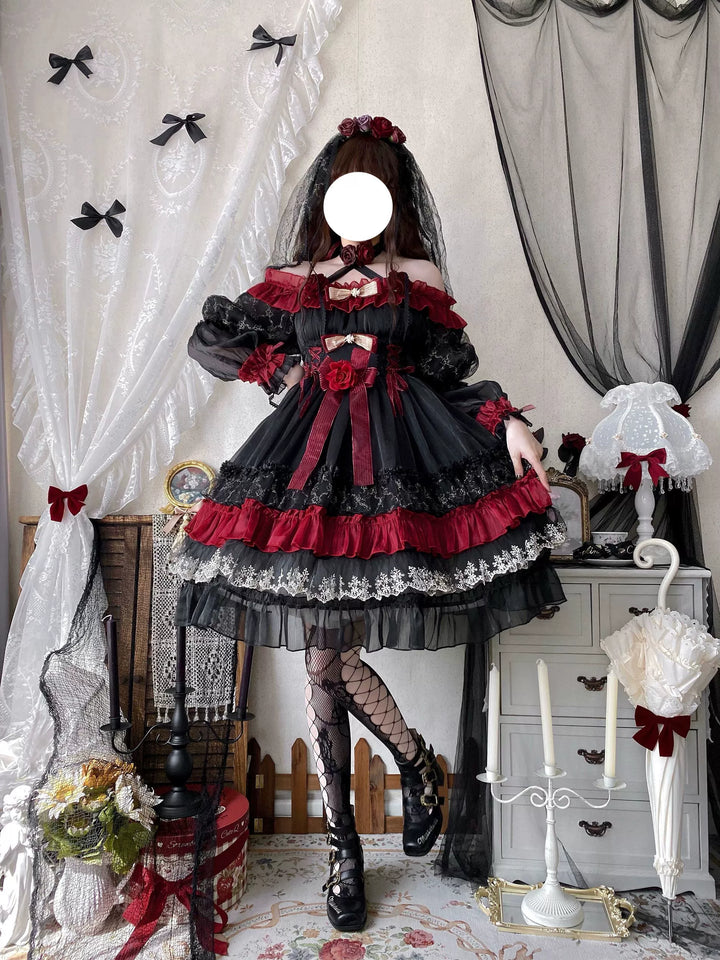 Uncle Wall Original~Night of Berea~Gothic Lolita OP Black and Red Lolita Dress