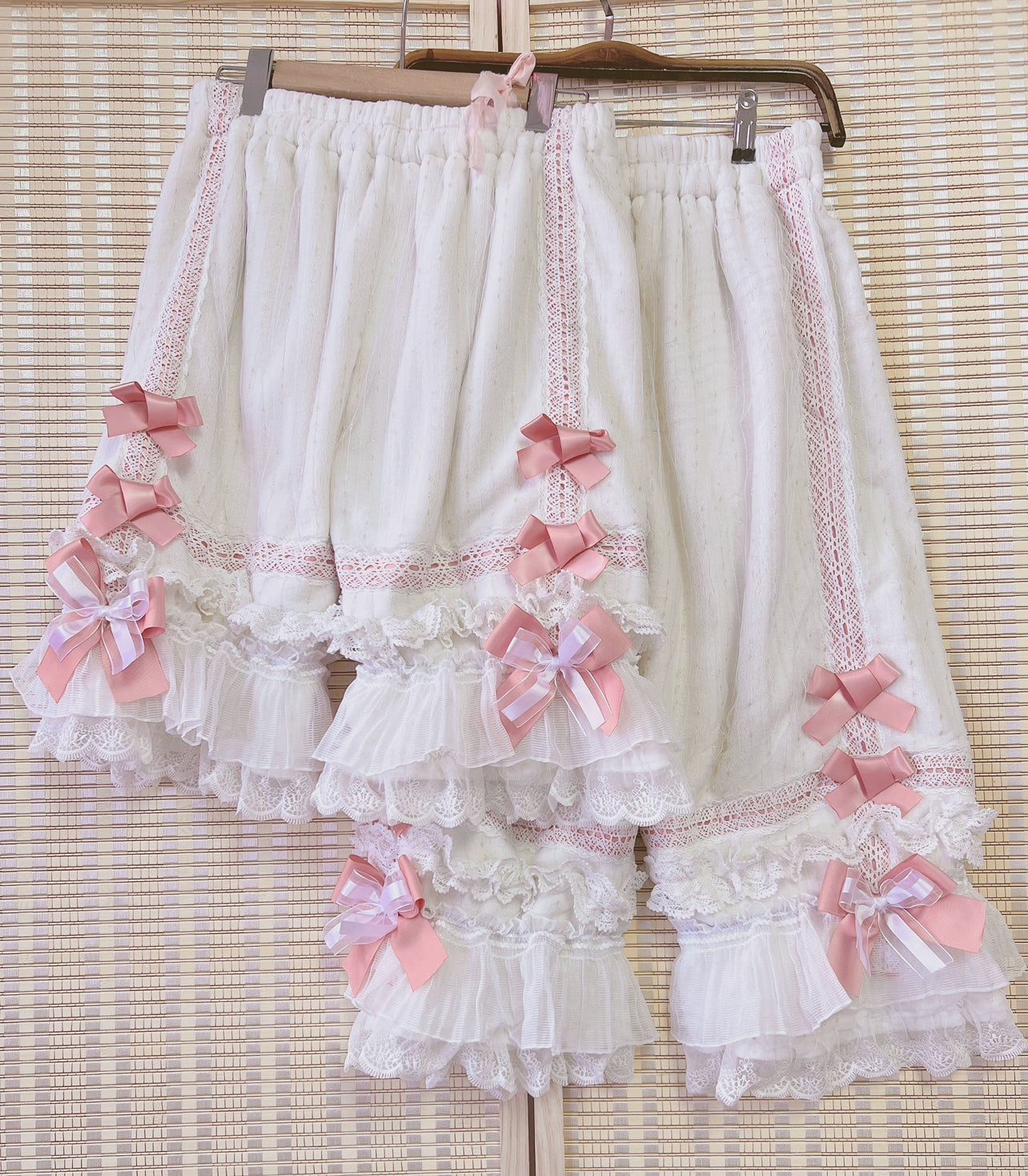 Ilovexiaolu - Gorgeous Lolita Bloomers in Coral Fleece & Cotton Styles Summer - Cotton Jacquard - White with Pink Bow - Long Bloomers F