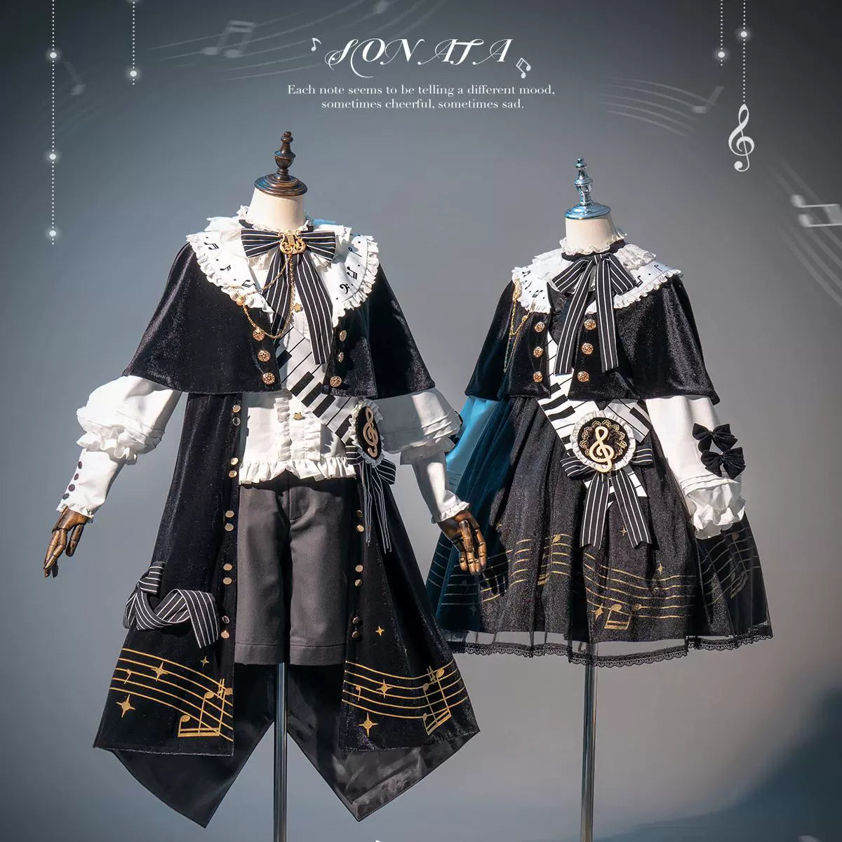 Forest Fluorescent Carps - Black and White Sonata - Ouji Lolita Vest Suit and Vintage Lolita OP Dress 42067:724812