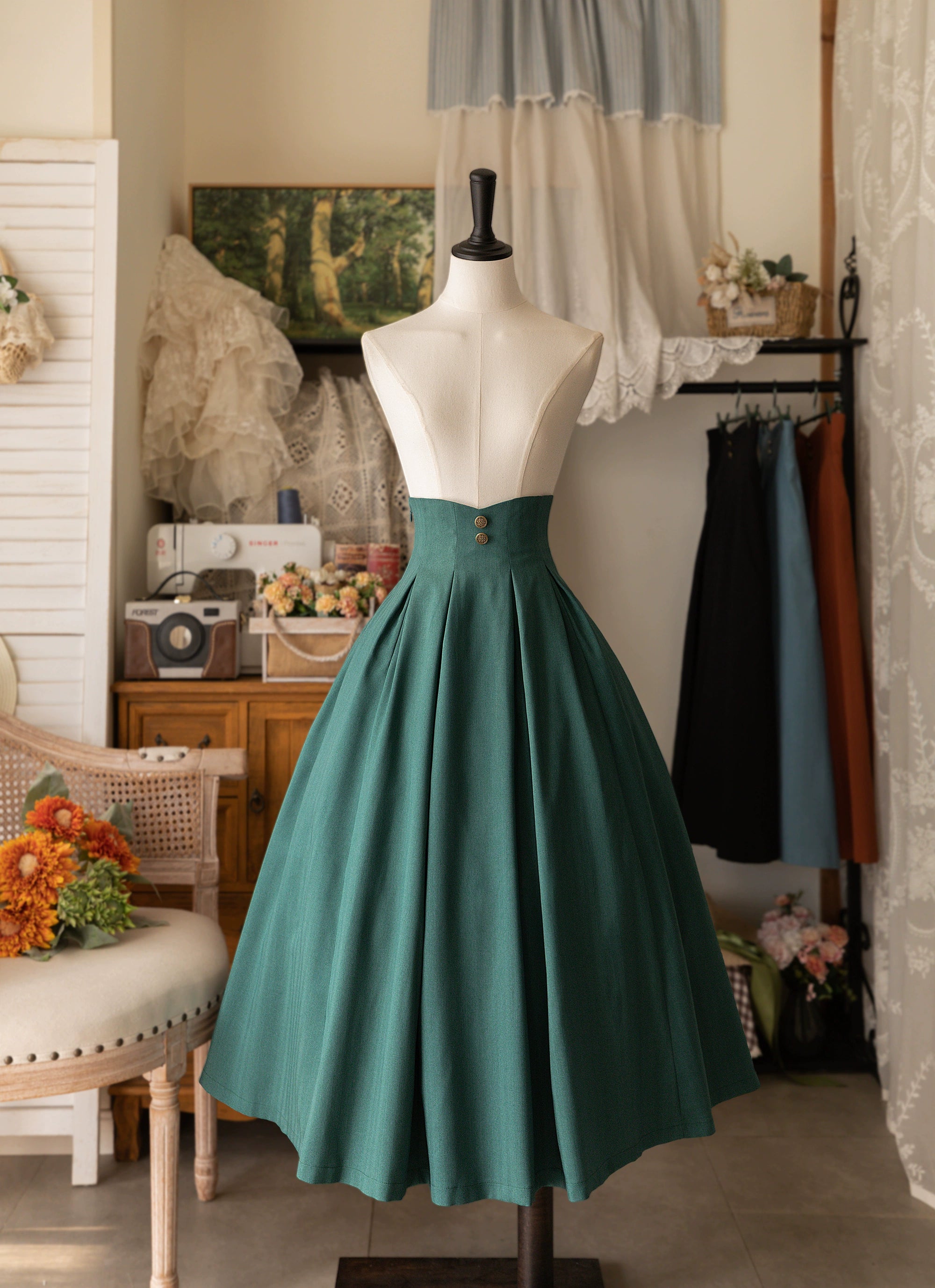 Forest Wardrobe - Forest basket - Classic Elegant Lolita SK Spring Autumn Versatile Skirt S Peacock Green