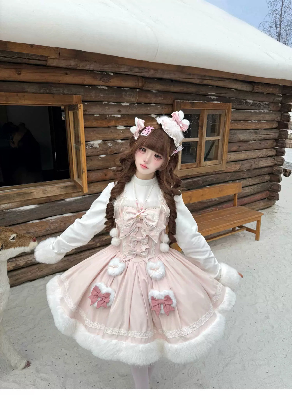 Sweet Dream Bunny - Sweet Lolita Cape & JSK Dress Set, Faux Fur Bunny Ear