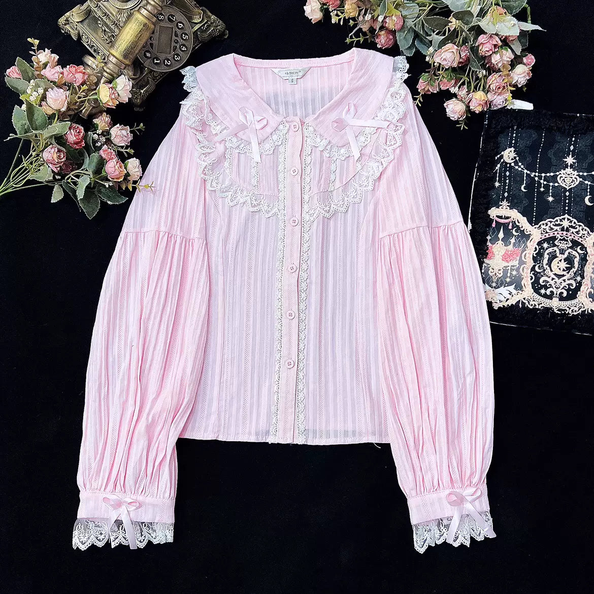 DMFS Lolita - Summer Short Sleeve Cotton Lolita Blouse S Pink - White Lace - Long Sleeve