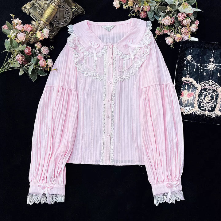 (BuyformeDMFS Lolita ~Summer Short Sleeve Cotton Lolita Blouse S pink - white lace - long sleeve 