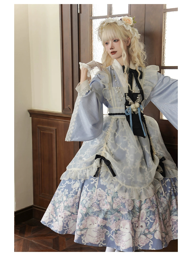 With PUJI~Letter and Poetry~Wa Lolita Dress Maid Printed OP Dress Set   