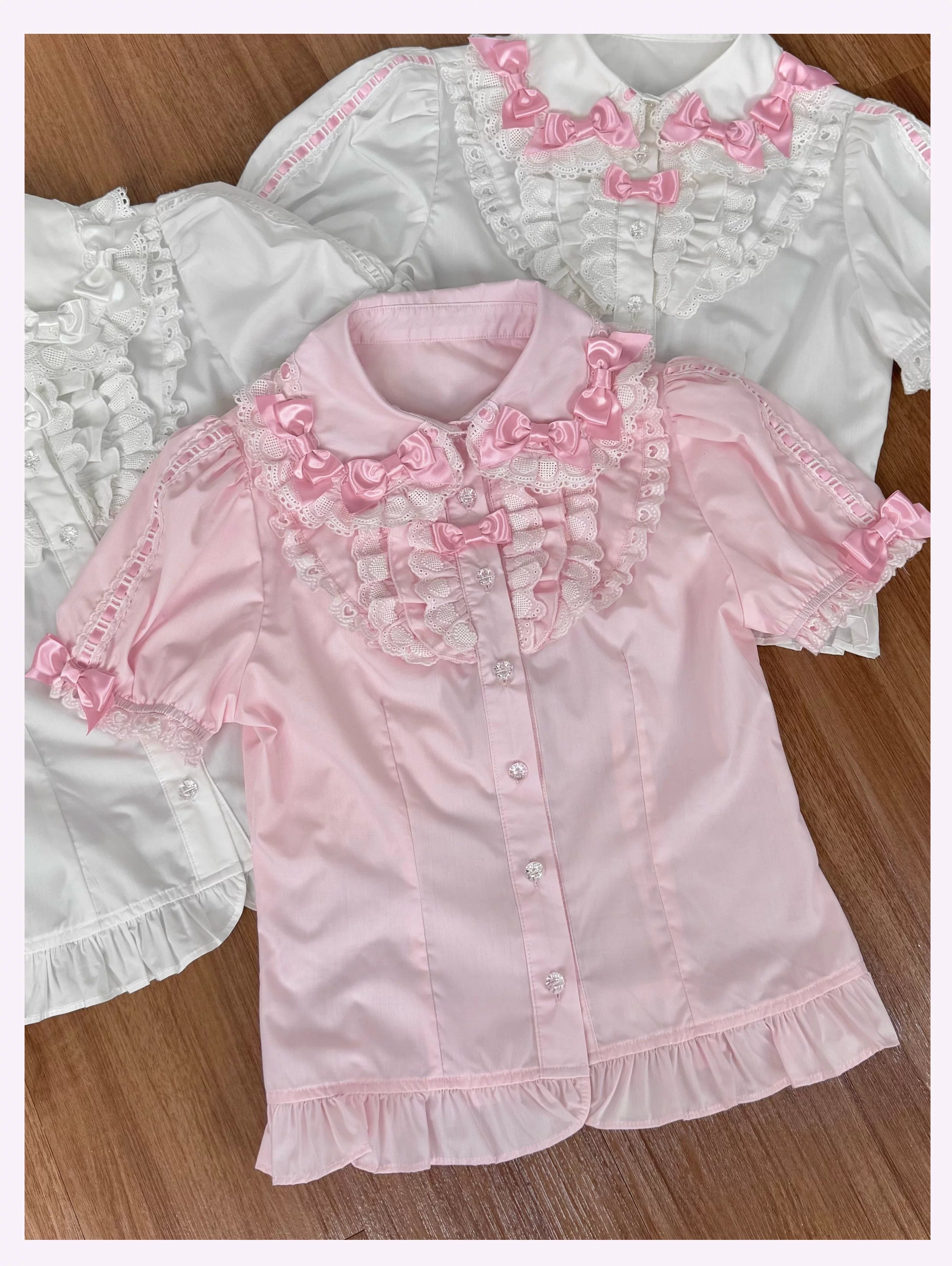 Cotton Old School Lolita Peter Pan Collar Blouse with Bows Pink Blouse (with pink bows) S