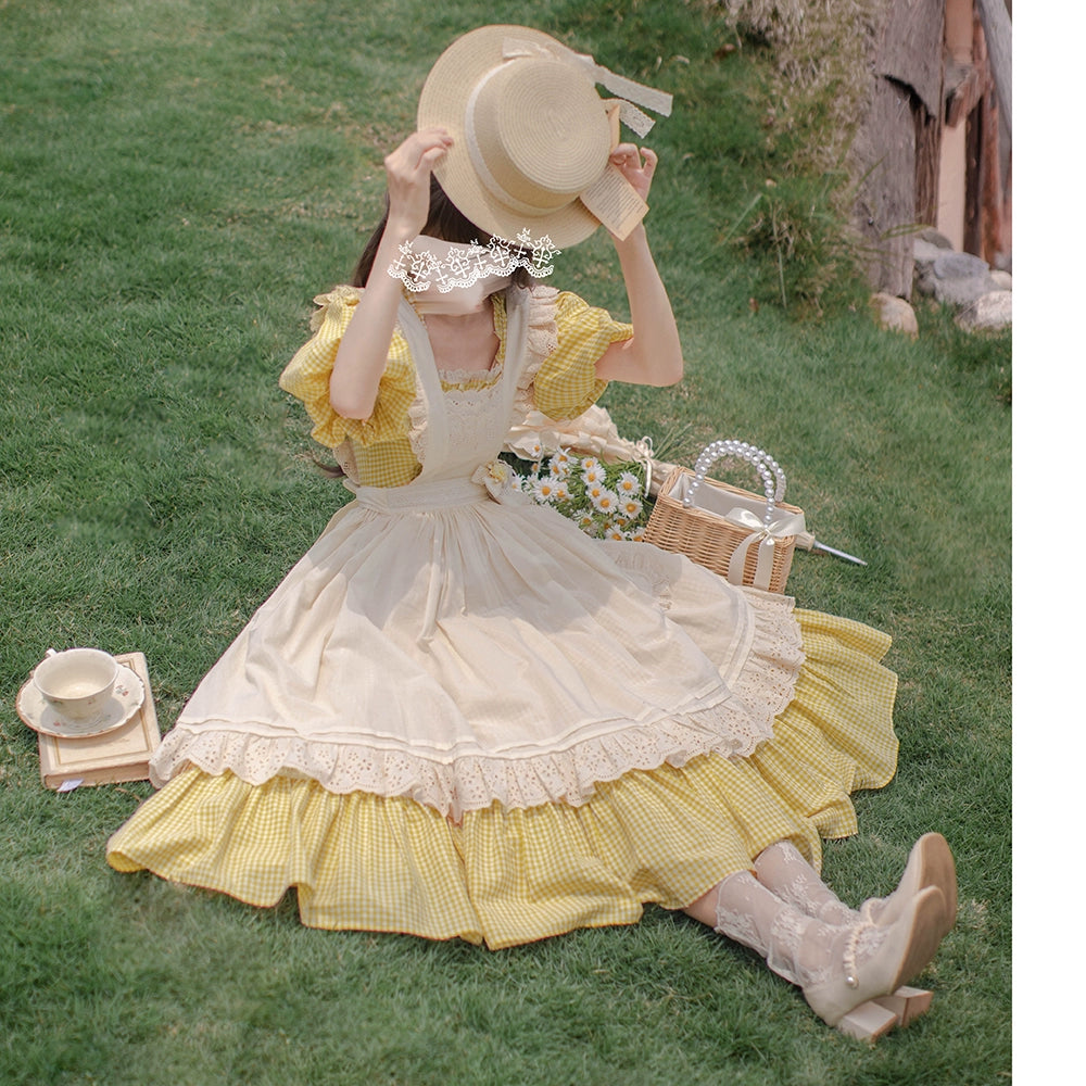HuTaoMuJK - Belle - Yellow Lolita OP Dress Set Apron Dress Plaid Print