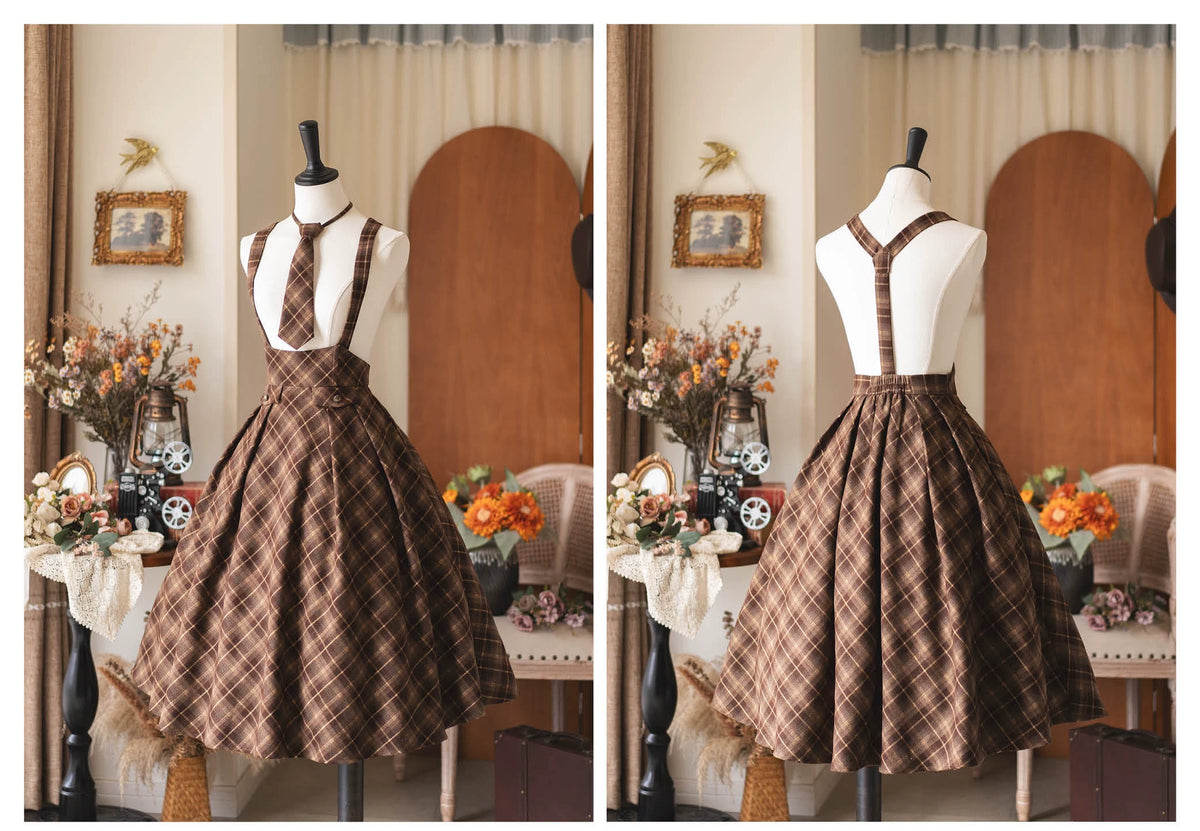Forest Beats - Elegant Classic Lolita Suspenders Skirt, Plaid Pattern 46082:874422