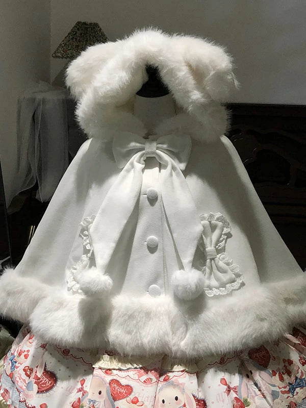 Sweet Lolita Cape, Bunny Ear Hood & Bows Thickened White Cape One Size