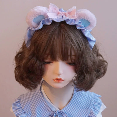 (BFM)Besozealous~Handmade Lolita KC Animal Ear Coffee Hairband 3 Pink and Blue Bear Ear KC  