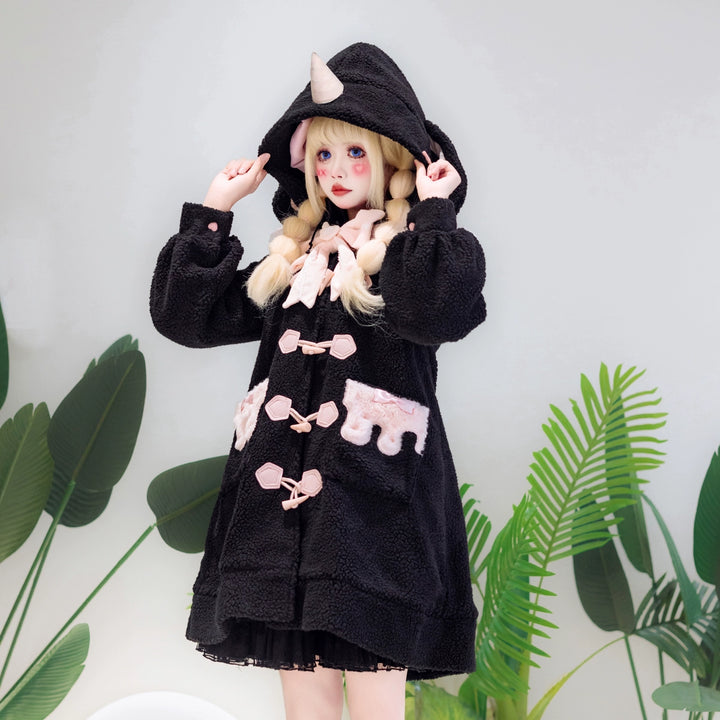 Forest Fluorescent Carps~Sweet Lolita Winter Coat Unicorn and Rabbit Ear Coat Black Big Horn Coat Only S In stock