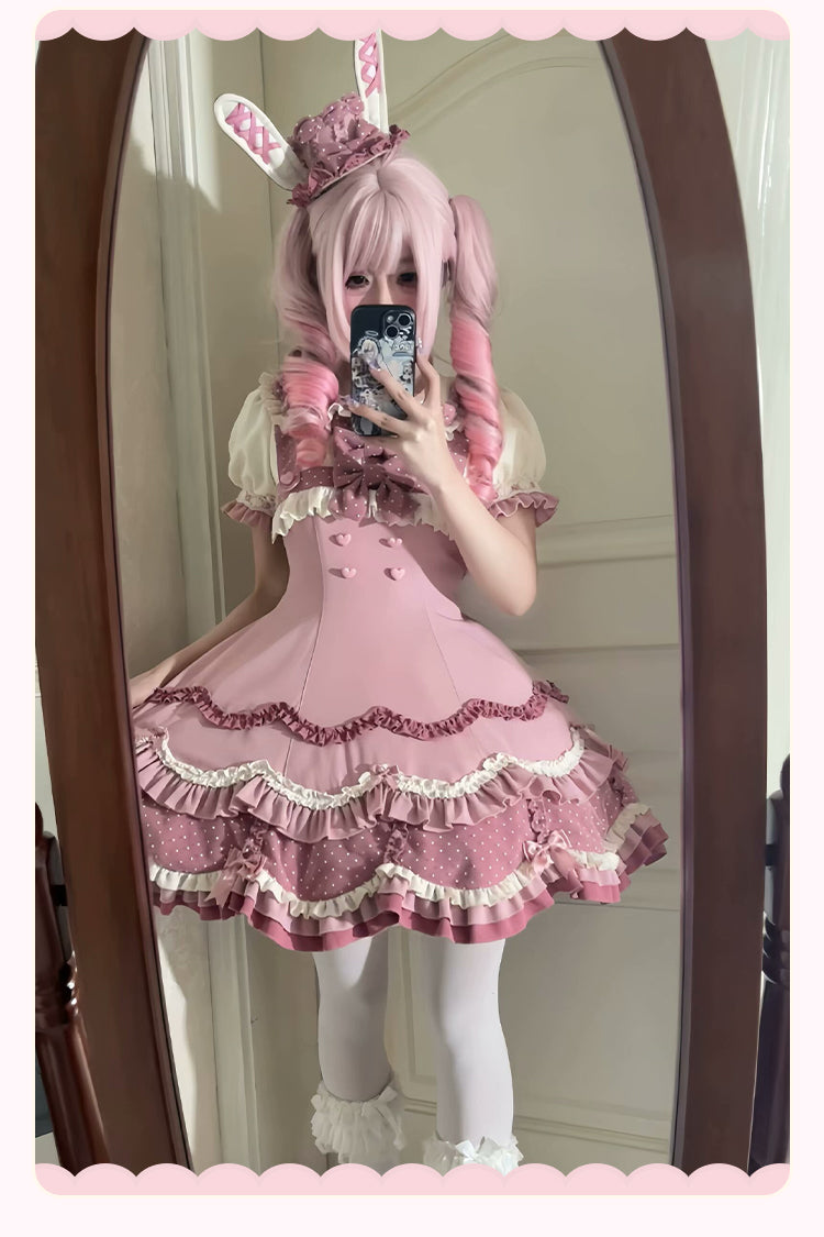 Sakurahime~Bunny Breeze~Pink Sweet Lolita OP Dress with Cute Hat and Bunny Ears