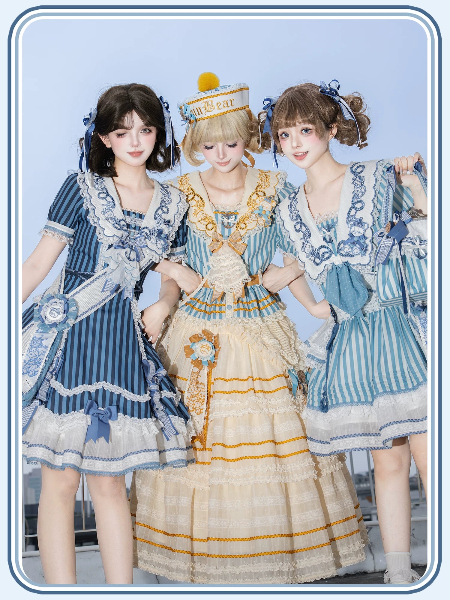 Antique Naval Bear - Striped Classic Lolita Sailor Collar OP, Bear Embroidery 45518:854255