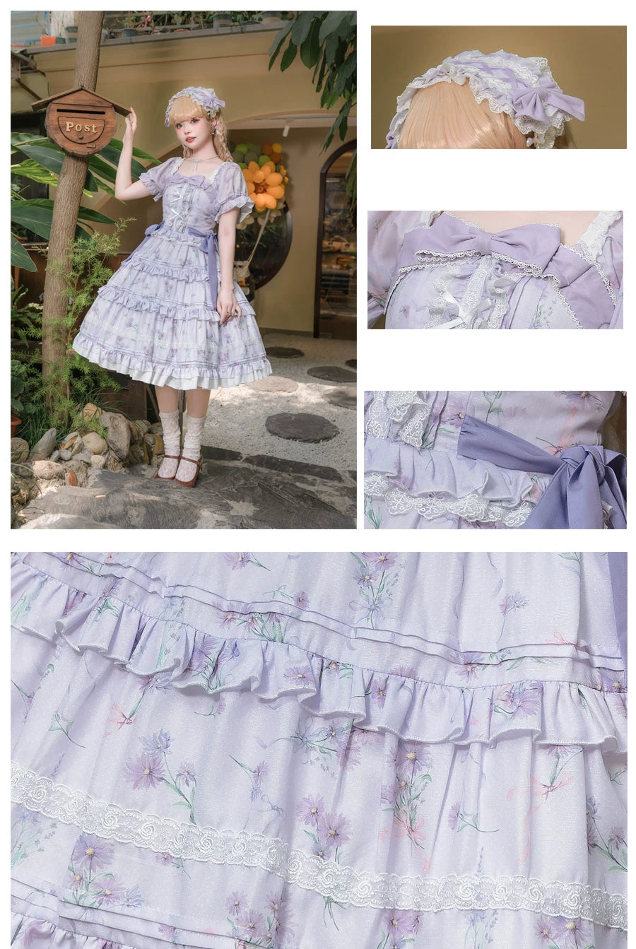 Purple Blossom Romance - Chiffon Classic Lolita OP Dress, Floral Print