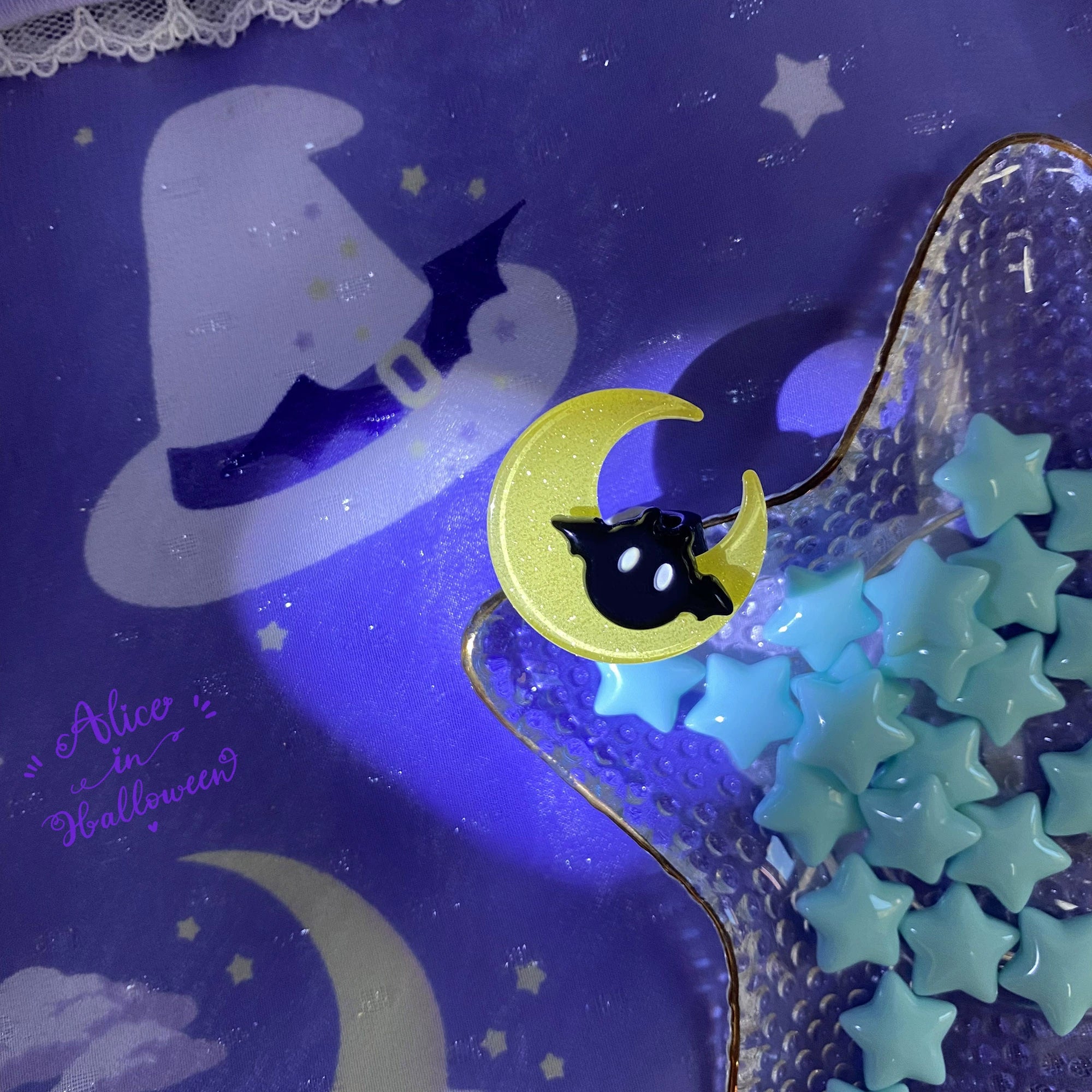 Halloween Alice - Chubby Bat - Halloween Colorful Beads Lolita Necklace, Bat Accents Small Moon and Bat - Ring