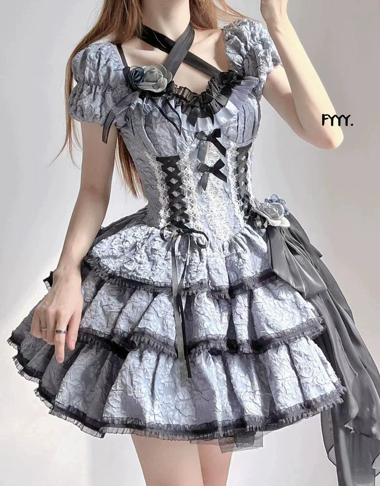 Xingweimian~Medea's Kiss~Gothic Lolita OP Dress Short-Sleeved Black-blue Dress Set   