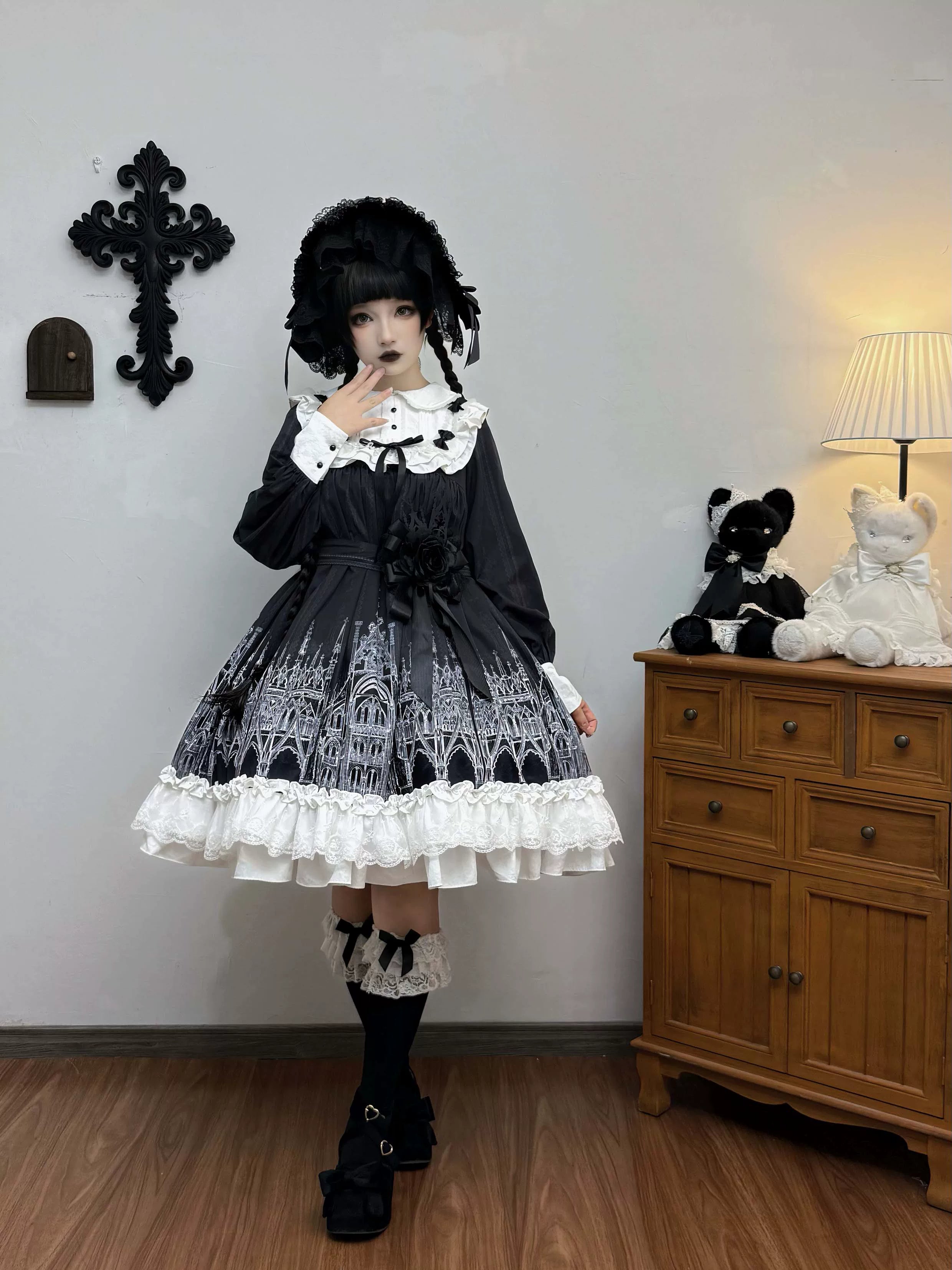 Silent Spire - Gothic Lolita Cathedral Print JSK & OP Dress Set, Side Pockets 45921:868119