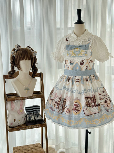 GD Lolita~Alice Rabbit~Kawaii Lolita Rabbit Print Blue Dress S blue salopette (waistband without bows) 