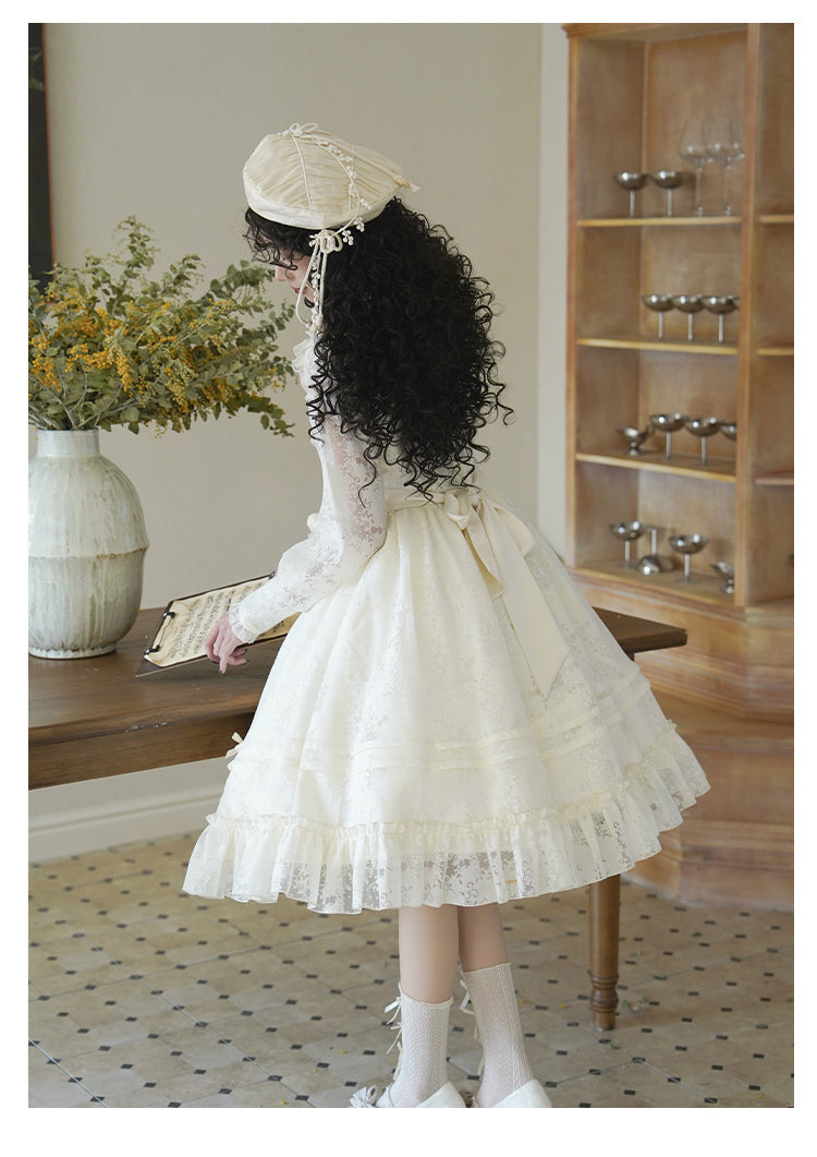 With PUJI~Floral Melody~Ivory Classic Lolita Long Sleeve OP Dress with Layered Bolero