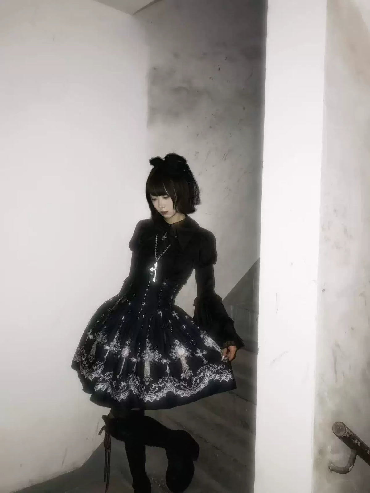 Star Remains Prayer - Elegant Gothic Lolita JSK & OP Dress Set, Cross & Moon Prints 46014:872462