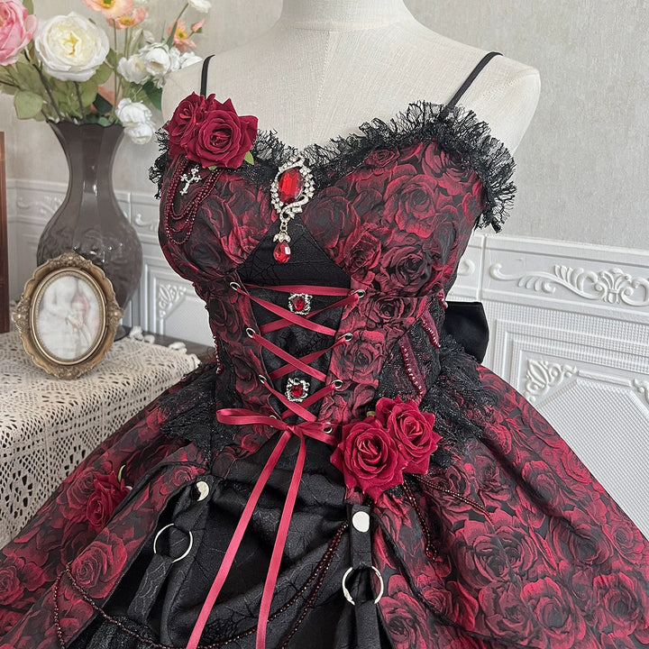 Cornfield Lolita~Rose Blood~Black Red Gothic Lolita JSK Jacquard Court Dress 40688:673006