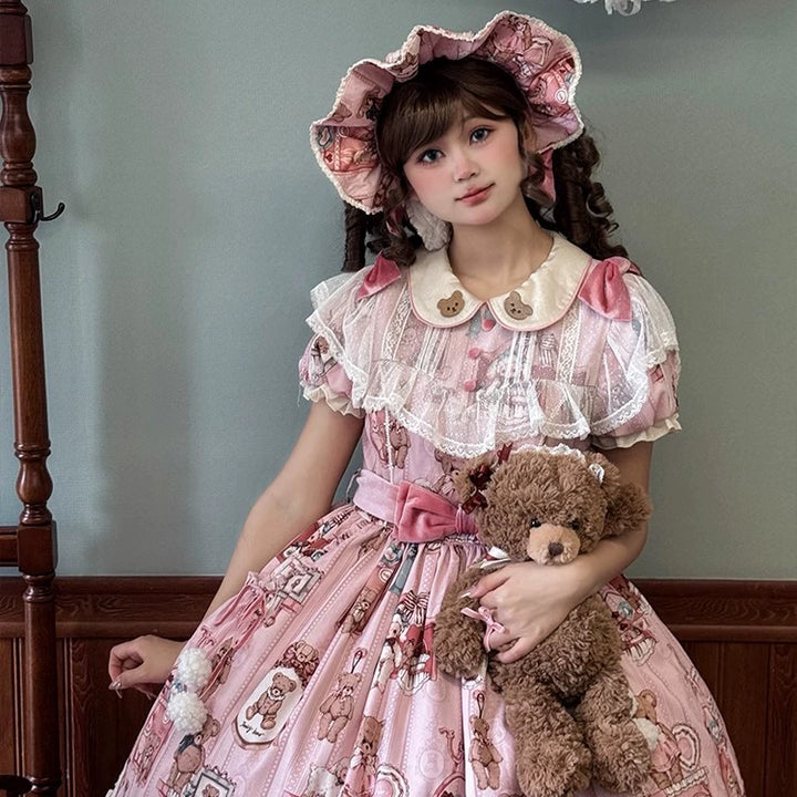 Alice Girl~Bear Doll Wall~Sweet Lolita OP Lovely Bear Print Dress   