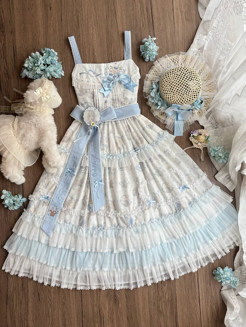 Bloom Lamb - Classic Lolita Embroidered JSK Dress, Tiered Hem (Blue / 2XL L M S XL XS) 45519:851354