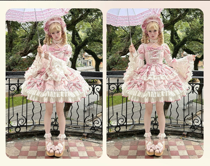 Heartbeat doll~Lily's Tea Party~Pink Old School Lolita OP Dress Long Sleeve