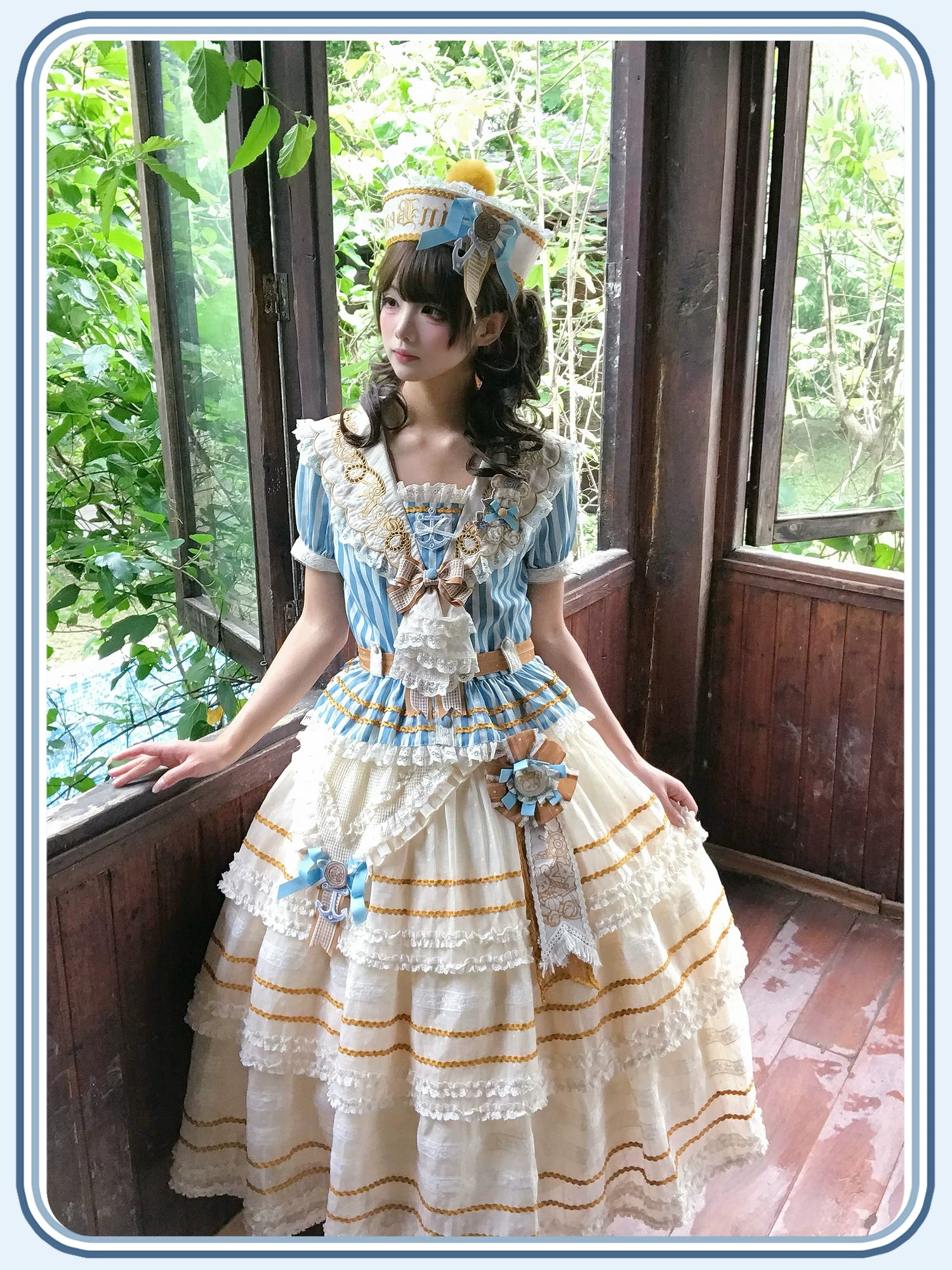 Antique Naval Bear - Striped Classic Lolita Sailor Collar OP, Bear Embroidery 45518:854023
