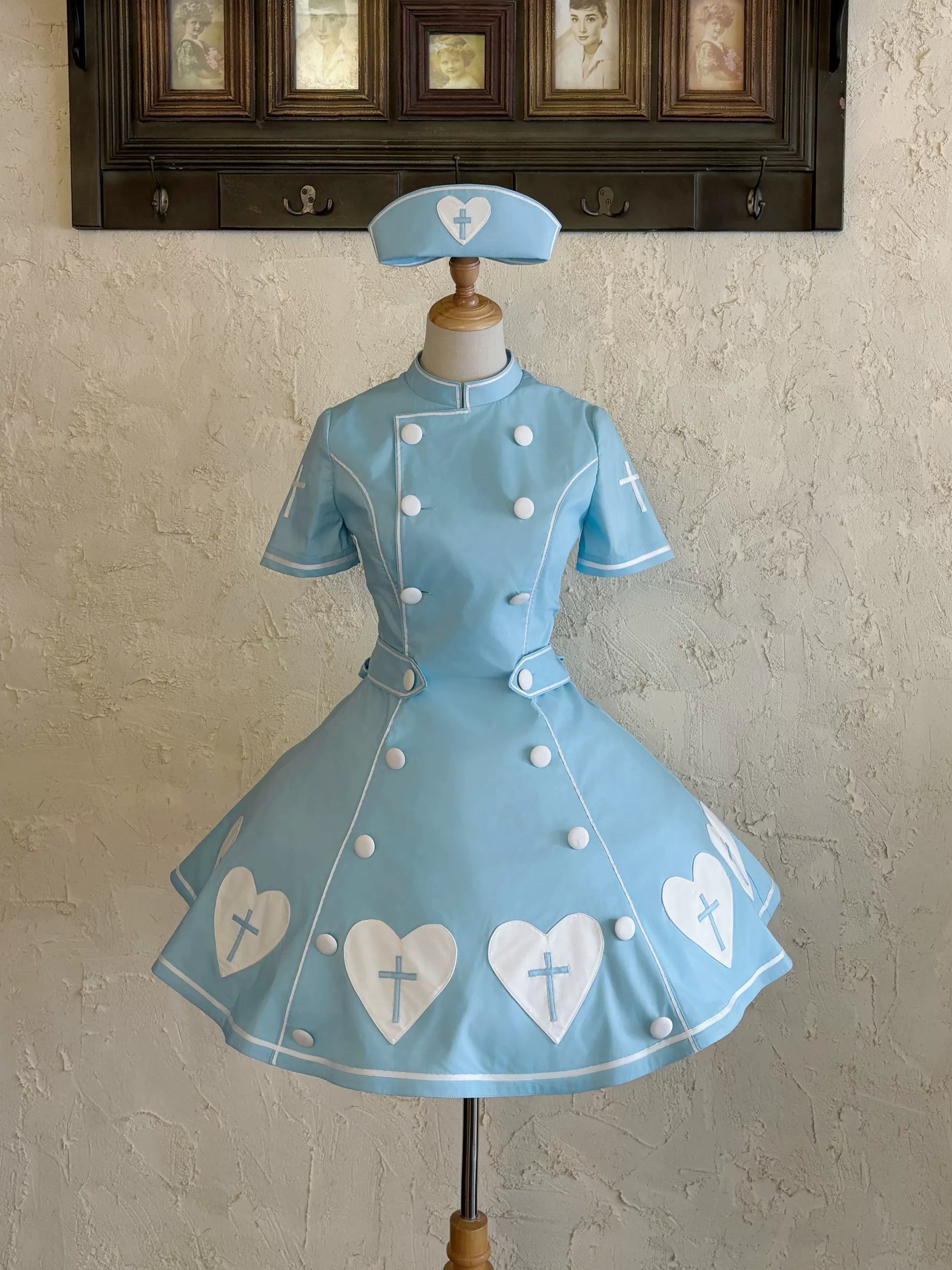 Sweet Heart Hospital - Old School Lolita Stand Collar OP Dress, Heart-cross Patches Blue OP Only XS