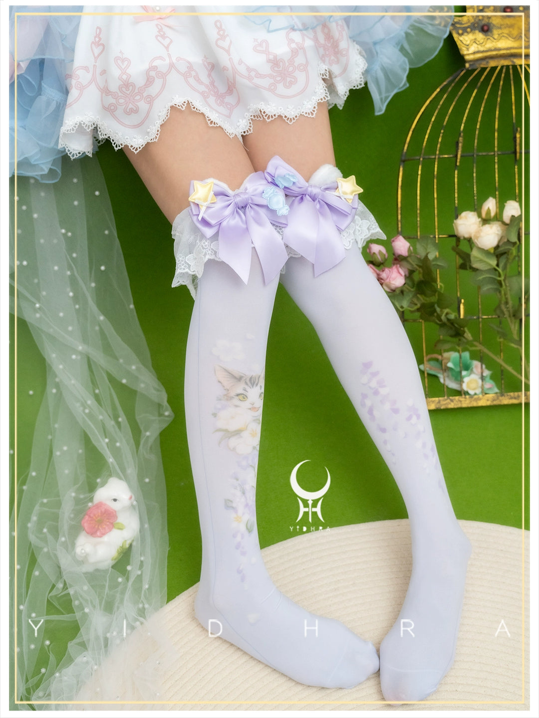 Yidhra~Animal Garden~Kawaii Lolita Calf Socks Cat Rabbit Print Stockings Luxurious Purple - Stockings