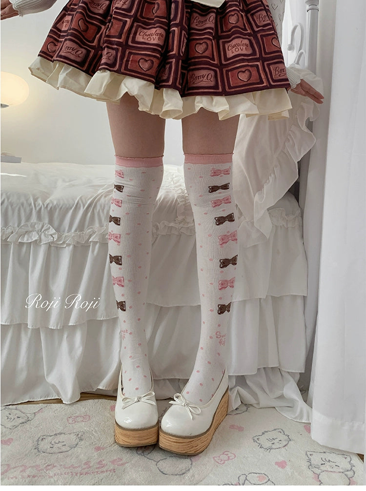 Roji Roji~Winter Lolita Thigh High Socks Slim Leg Socks Free size Pink and coffee bow print 