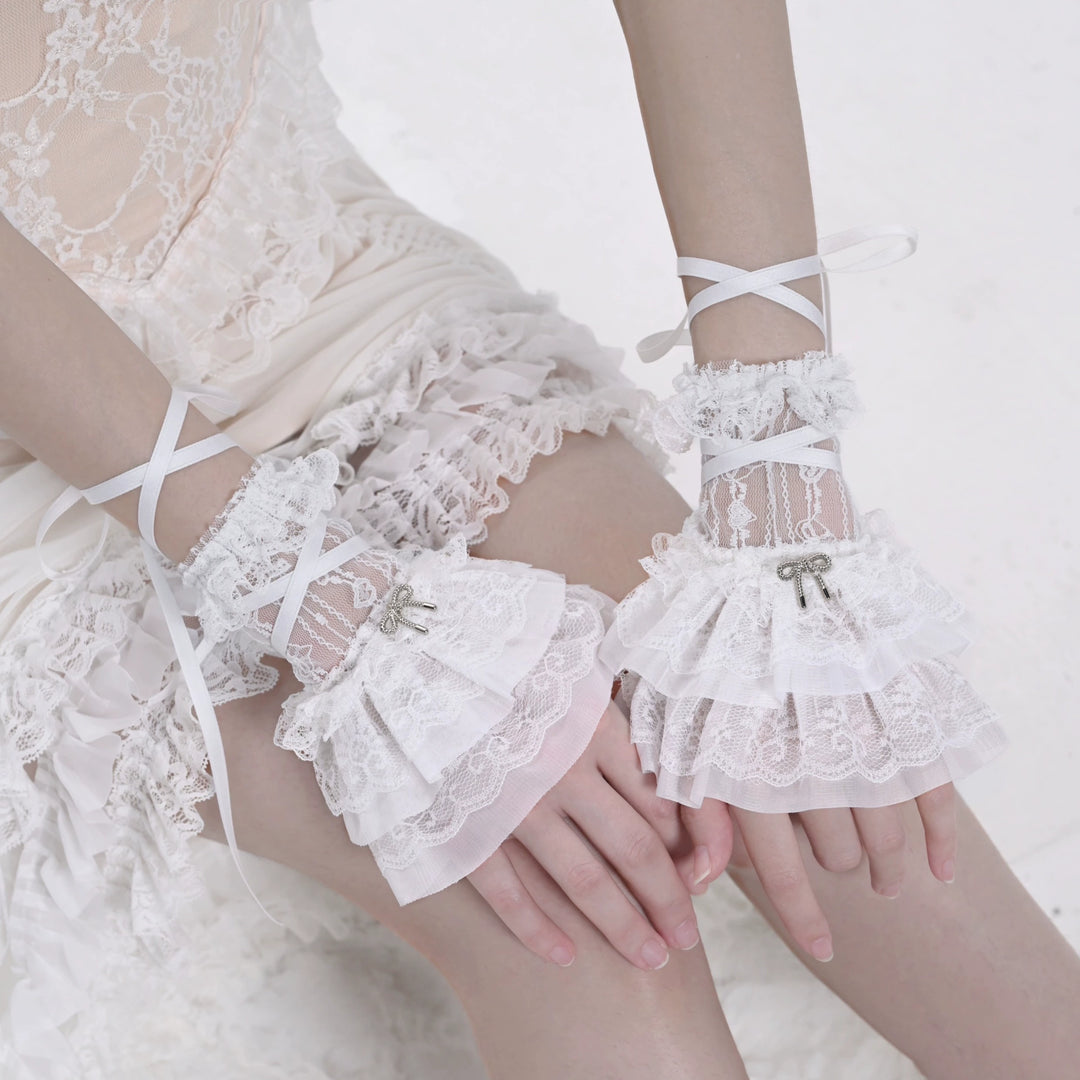 Broken Bone~Sweet Lolita Sleeves White Lace-up Ballet Breathable Cuffs   