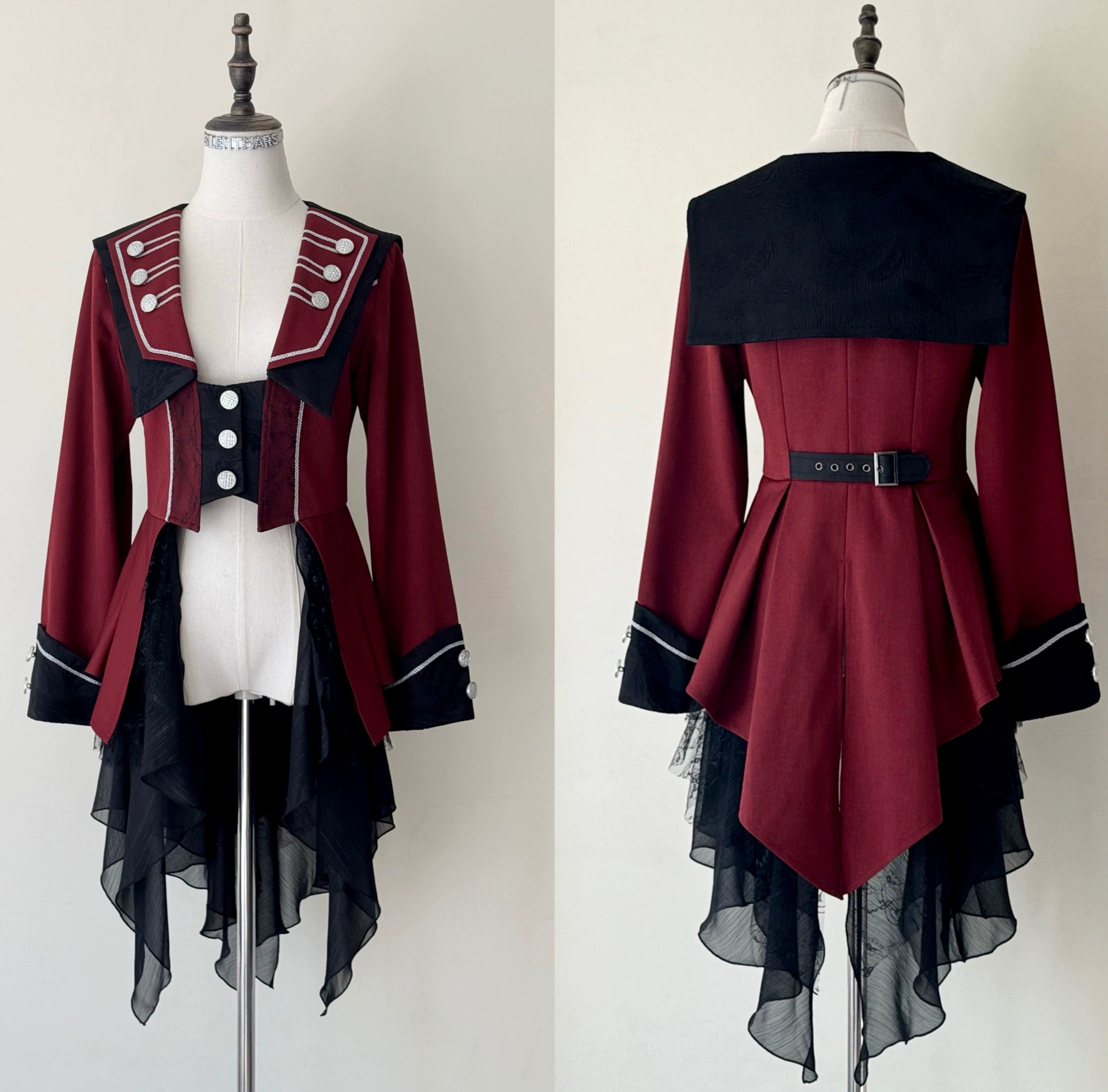 Silent Mars - Raven Crown - Gothic Lolita Suit Shirt Military Coat Skirt and Pants Red Coat Only (with a faux ruby brooch) S